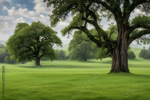 A peaceful green meadow with a few tall oak trees, AI Generated