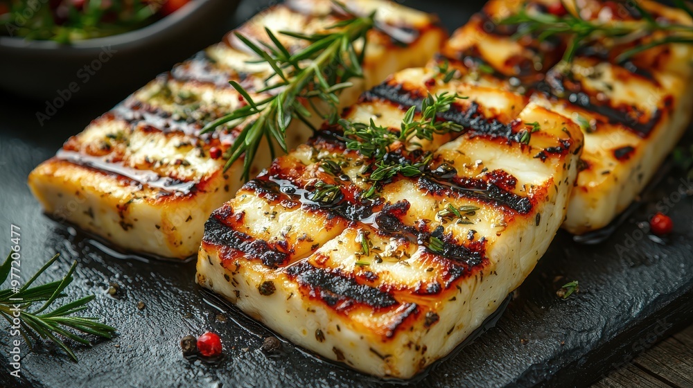Naklejka premium Grilled Halloumi Cheese with Herbs and Spices on Grey Background