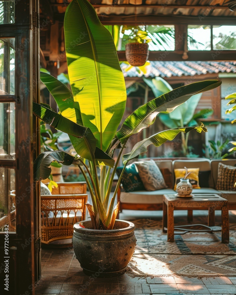 Fototapeta premium Cozy Patio with Banana Plant in Large Pot and Tropical Decor