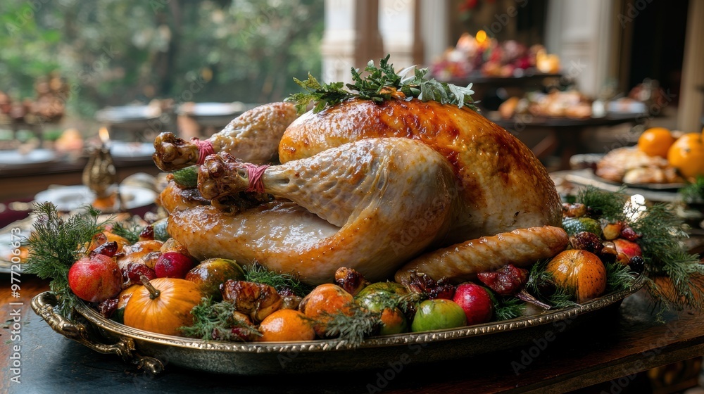 A beautifully roasted turkey garnished with various fruits and herbs, presented on a silver tray, ready to be served in a festive environment during a holiday feast A beautifully roasted turkey garnished with various fruits and herbs, presented on a silver tray, ready to be served in a festive environment during a holiday feast