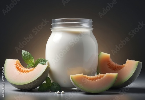 homemade milk yogurt with ripe melon pieces photo