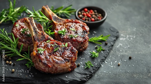 Grilled Lamb Chops with Herbs and Spices on Grey Background