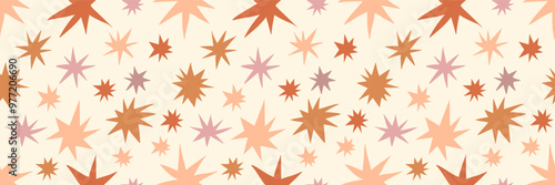 Bohemian baby seamless pattern. Boho stars celestial print. Doodle hand drawn stars background. Naive decor for nursery, kids room, baby apparel. Vector illustration