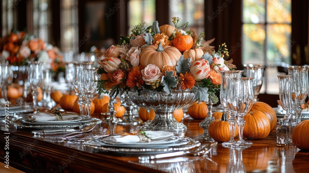 A beautifully decorated dining table set with elegant glassware and silverware, featuring an autumn-themed centerpiece of flowers and pumpkins, creating a festive and inviting atmosphere A beautifully decorated dining table set with elegant glassware and silverware, featuring an autumn-themed centerpiece of flowers and pumpkins, creating a festive and inviting atmosphere