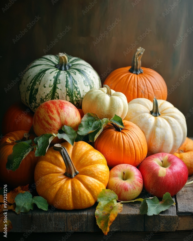 Close-up of pumpkins, apples, and squash on rustic wooden table in autumn harvest scene Close-up of pumpkins, apples, and squash on rustic wooden table in autumn harvest scene