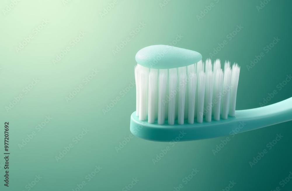There is a place for text on the left. An image of a toothbrush with soft bristles that gently cleanses teeth. The color palette includes shades of green, white and blue, creating a feeling of softnes There is a place for text on the left. An image of a toothbrush with soft bristles that gently cleanses teeth. The color palette includes shades of green, white and blue, creating a feeling of softnes