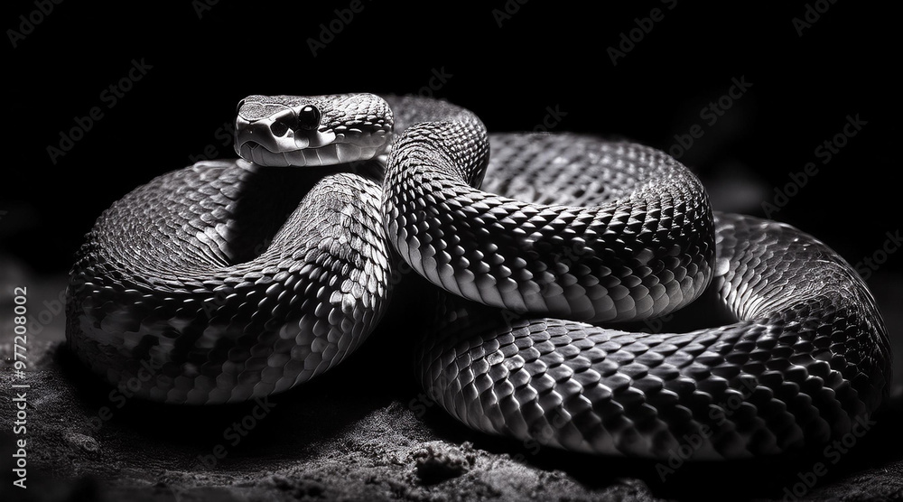 An elegant black and white shot of a majestic rattlesnake in a dark setting An elegant black and white shot of a majestic rattlesnake in a dark setting