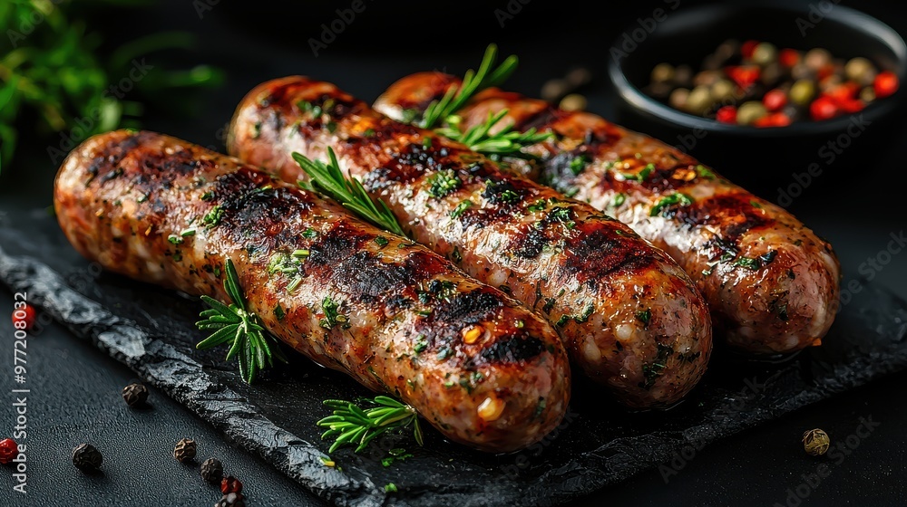 Grilled Sausages with Herbs and Spices on Grey Background Grilled Sausages with Herbs and Spices on Grey Background
