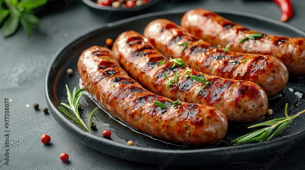 Grilled Sausages with Herbs and Spices on Grey Background Grilled Sausages with Herbs and Spices on Grey Background