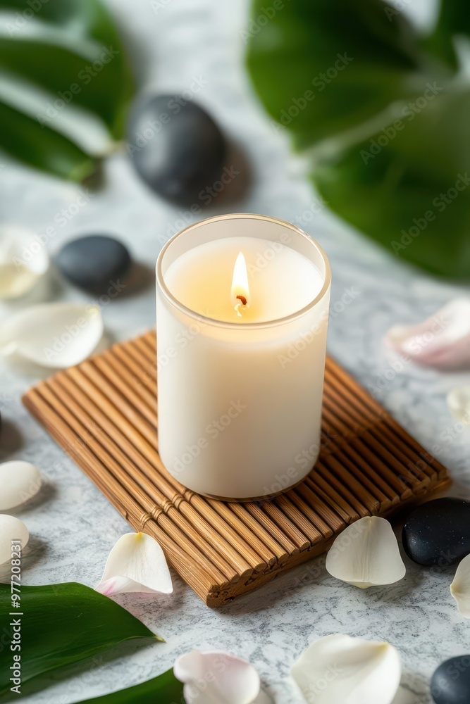 A calming scene featuring a lit candle surrounded by petals and smooth stones, perfect for relaxation and wellness themes. A calming scene featuring a lit candle surrounded by petals and smooth stones, perfect for relaxation and wellness themes.