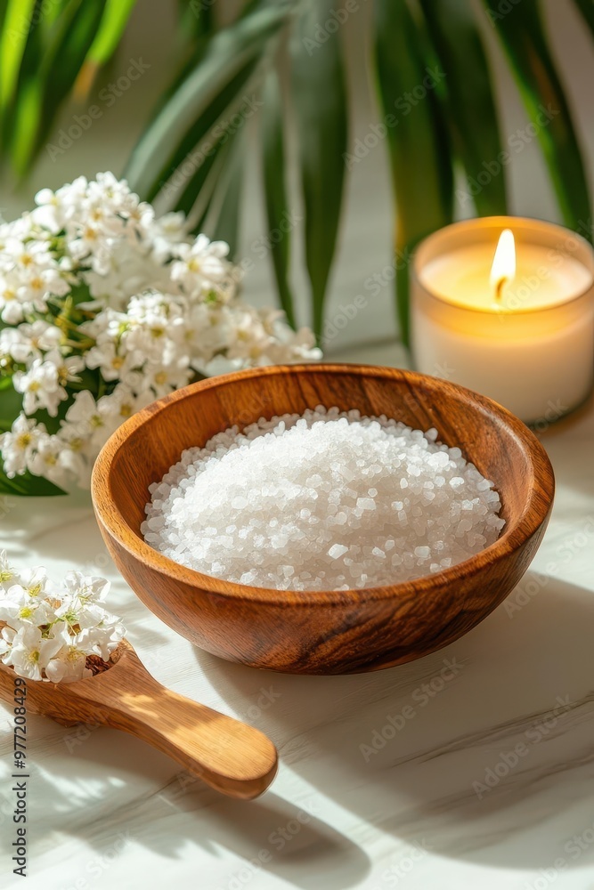 A serene composition featuring salt, a candle, and flowers, perfect for spa or wellness themes in a calming setting. A serene composition featuring salt, a candle, and flowers, perfect for spa or wellness themes in a calming setting.