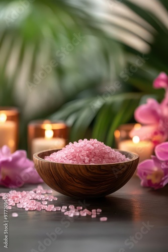 A serene display of pink salt in a wooden bowl surrounded by candles and tropical flowers, perfect for relaxation and wellness.