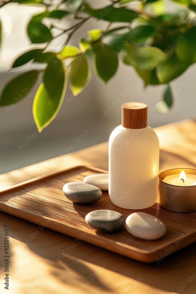 A tranquil arrangement featuring a white bottle, candle, and stones, surrounded by leaves, ideal for wellness and relaxation themes. A tranquil arrangement featuring a white bottle, candle, and stones, surrounded by leaves, ideal for wellness and relaxation themes.