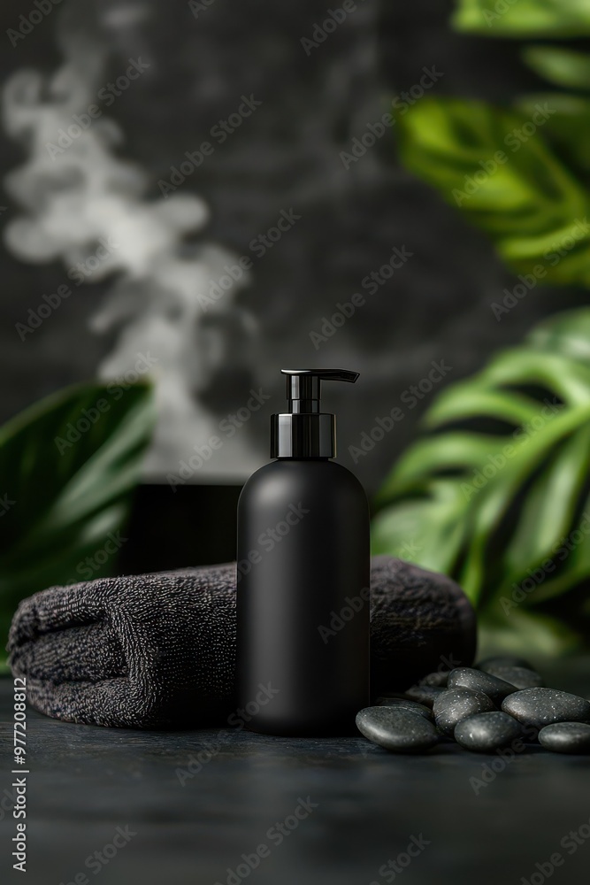 Elegant black bottle with pump on a dark surface, surrounded by green leaves, stones, and a soft towel, ideal for spa settings. Elegant black bottle with pump on a dark surface, surrounded by green leaves, stones, and a soft towel, ideal for spa settings.