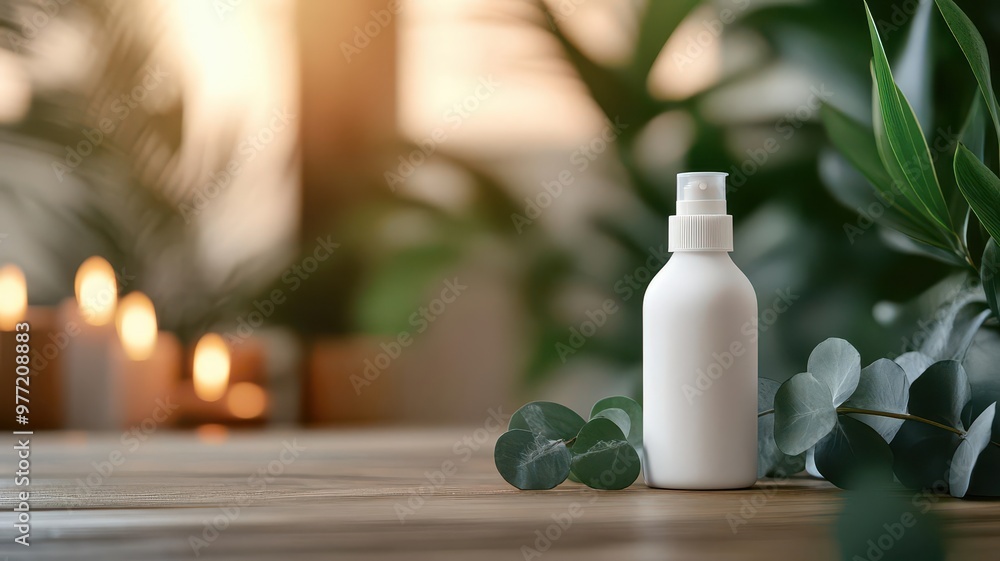 Elegant white bottle on wooden table surrounded by greenery and candles, creating a serene and calming atmosphere. Elegant white bottle on wooden table surrounded by greenery and candles, creating a serene and calming atmosphere.