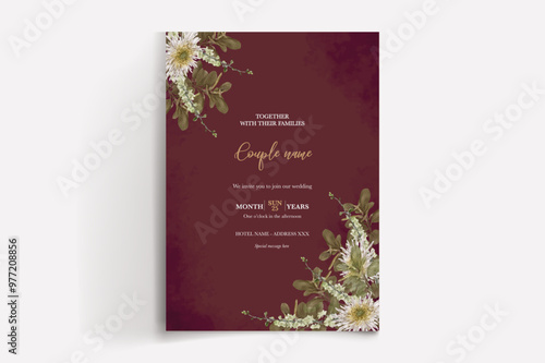 WEDDING INVITATION FRAME WITH FLOWER DECORATIONS WITH FRESH LEAVES