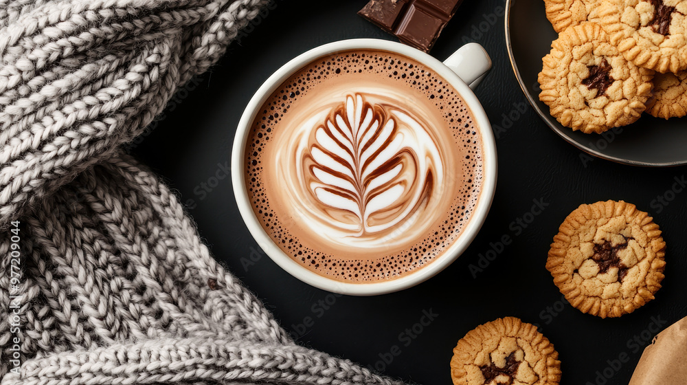 Hot chocolate with beautiful latte art, surrounded by knitted scarf, chocolate pieces, and freshly baked cookies on a dark background Hot chocolate with beautiful latte art, surrounded by knitted scarf, chocolate pieces, and freshly baked cookies on a dark background