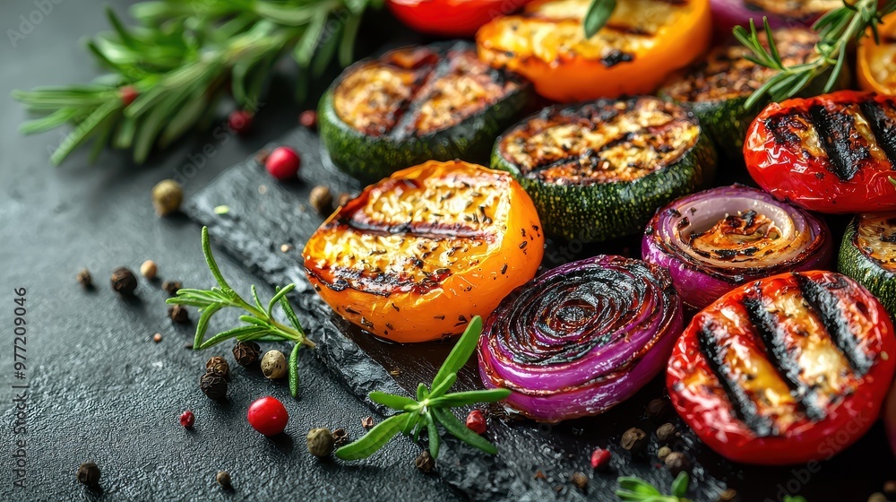 Grilled Vegetables with Herbs and Spices on Grey Background Grilled Vegetables with Herbs and Spices on Grey Background