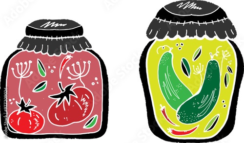 Jars of cucumbers and tomatoes. Linocut style element texture surface vector