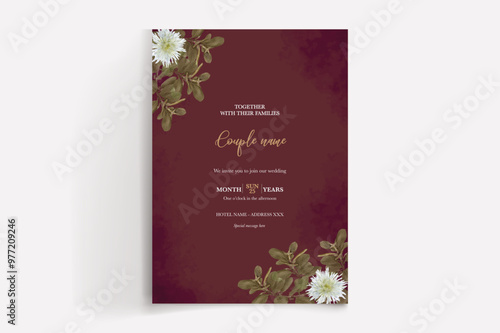 WEDDING INVITATION FRAME WITH FLOWER DECORATIONS WITH FRESH LEAVES