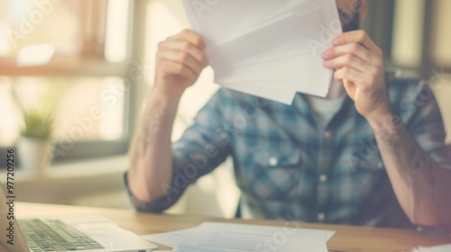 Man sitting at desk with concerned expression, holding stack of papers symbolizing financial stress and national debt, emphasizing personal and economic challenges.