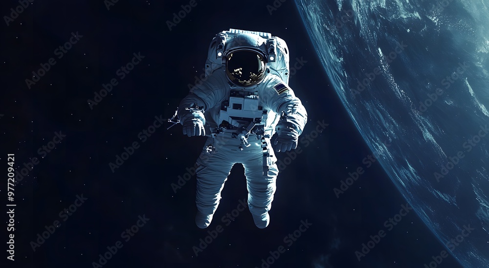 An astronaut floats in space, with Earth visible behind him. He is wearing a space suit. There are many stars around him, and 5K realistic science fiction, 3D sci-fi art An astronaut floats in space, with Earth visible behind him. He is wearing a space suit. There are many stars around him, and 5K realistic science fiction, 3D sci-fi art