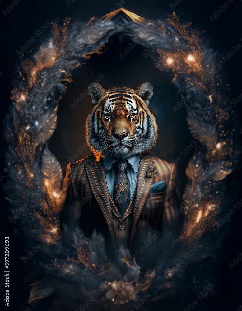 A tiger wearing a striped suit and a patterned tie stands in a frame of glowing feathers. A tiger wearing a striped suit and a patterned tie stands in a frame of glowing feathers.