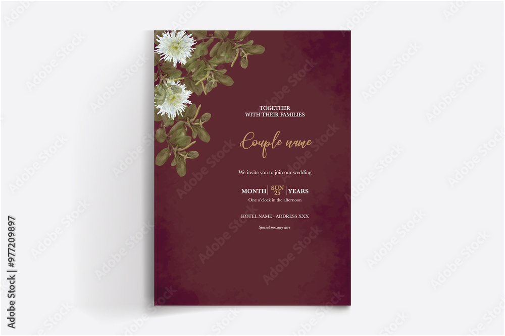 Fototapeta premium WEDDING INVITATION FRAME WITH FLOWER DECORATIONS WITH FRESH LEAVES