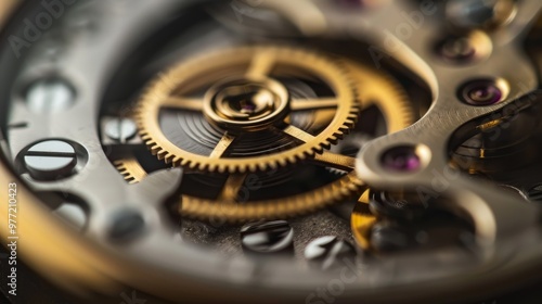 Wallpaper Mural Intricate dismantled mechanical watch with detailed gears and springs on dark background, symbolizing precision and complexity in teardown analysis. Torontodigital.ca