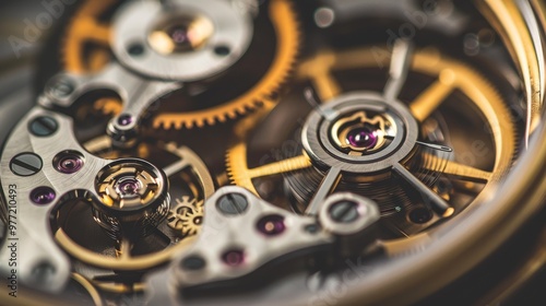 Wallpaper Mural Intricate dismantled mechanical watch with detailed gears and springs on dark background, symbolizing precision and complexity in teardown analysis. Torontodigital.ca