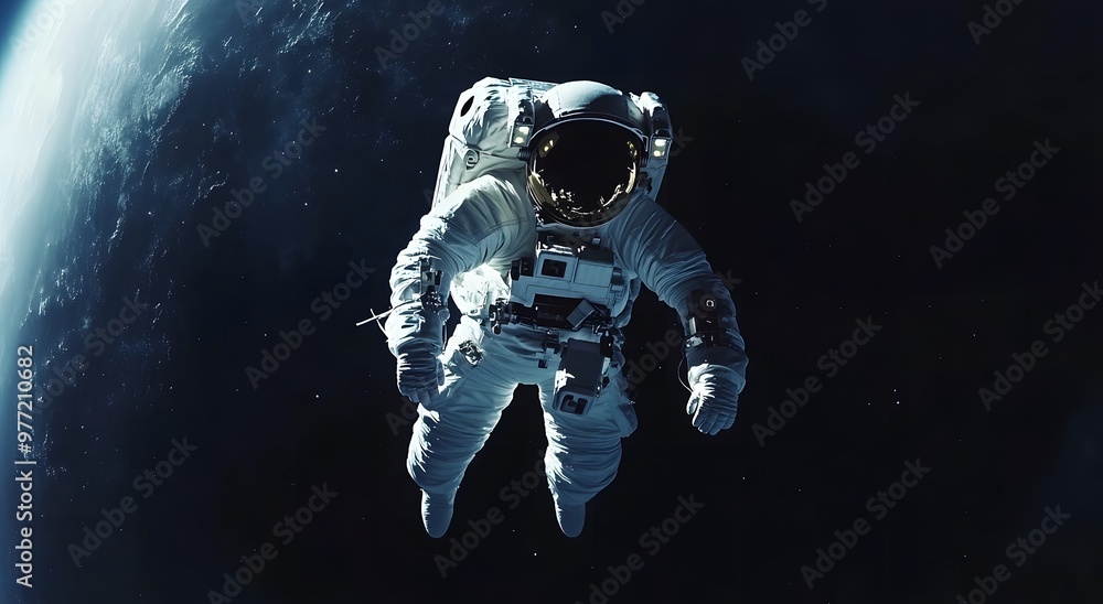 An astronaut floats in space, with Earth visible behind him. He is wearing a space suit. There are many stars around him, and 5K realistic science fiction, 3D sci-fi art An astronaut floats in space, with Earth visible behind him. He is wearing a space suit. There are many stars around him, and 5K realistic science fiction, 3D sci-fi art