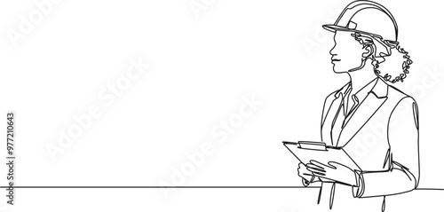 continuous single line drawing of female civil engineer or architect with hard helmet and clipboard, line art vector illustration