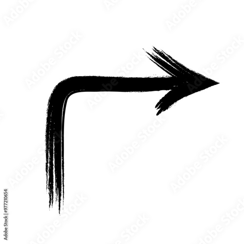 Hand drawn black grunge bent arrow to the right, bold brush stroke. Modern graffiti design element