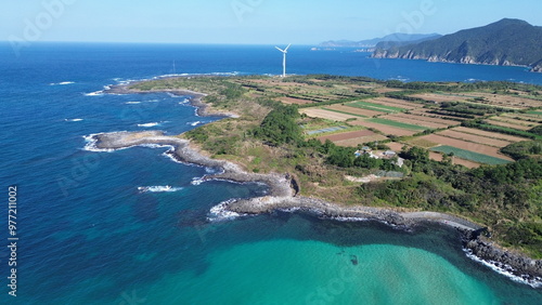 Drone view of Goto Fukue island, Nagasaki, Japan