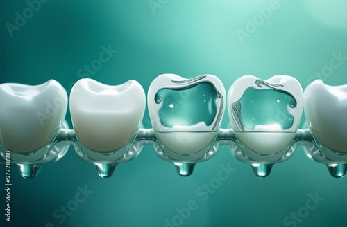 Fluoridation background: An image of the process of fluoridation of teeth, which strengthens tooth enamel. The color palette includes shades of blue, green and white, creating a sense of strength and  photo