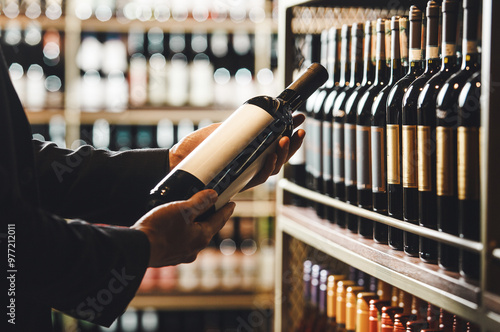 Faceless Person Holds Taking from Shelf Bottle of Wine in Store, Close up