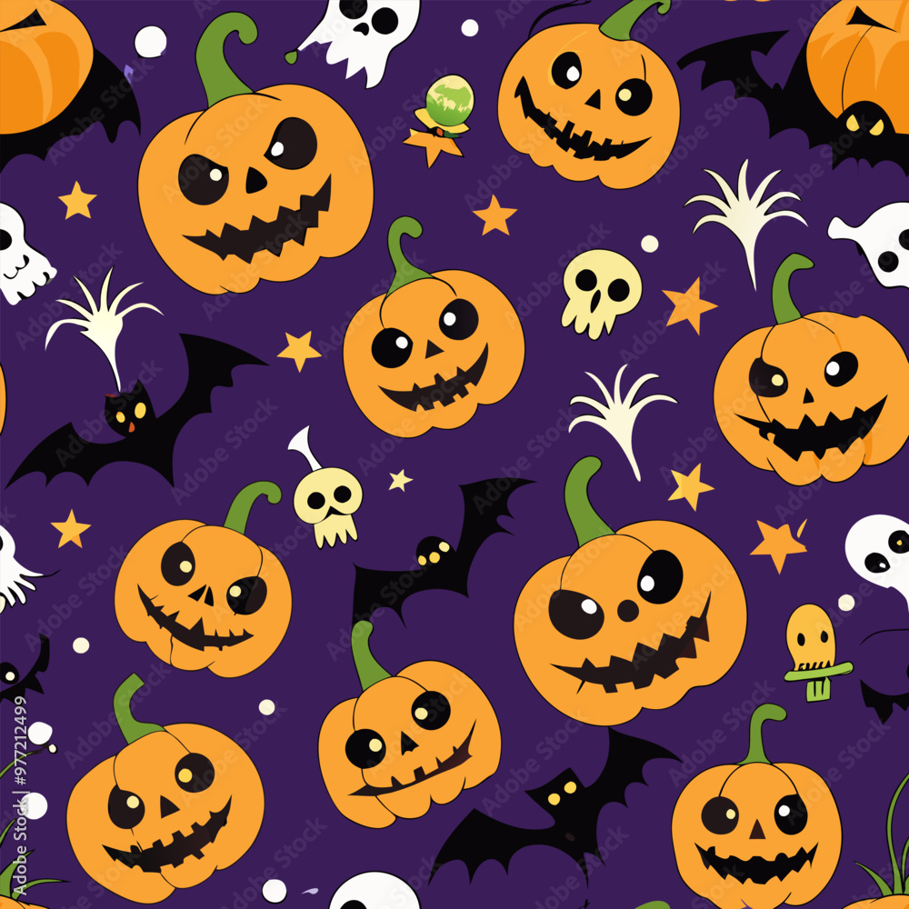Playful Halloween pattern with smiling jack-o'-lanterns, bats, and skulls on a dark purple background. Great for seasonal projects. Vector illustration Playful Halloween pattern with smiling jack-o'-lanterns, bats, and skulls on a dark purple background. Great for seasonal projects. Vector illustration