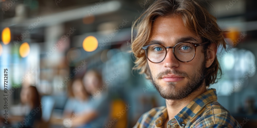 A young man with glasses and a plaid shirt is looking directly at the camera in a modern, well-lit office environment with blurred colleagues in the background A young man with glasses and a plaid shirt is looking directly at the camera in a modern, well-lit office environment with blurred colleagues in the background
