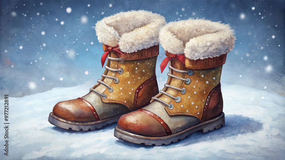 Winter brown-gray boots with fur on snow for seasonal fashion design concept Winter brown-gray boots with fur on snow for seasonal fashion design concept