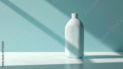 A white bottle stands alone on a table, casting soft shadows due to bright daylight streaming through a nearby window. The setting is simple and minimalist photo