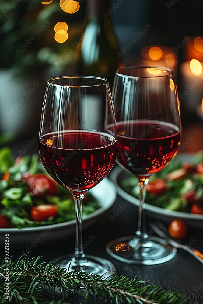 Two glasses of red wine on a wooden table in a restaurant. Glasses of wine and appetizers on table in restaurant, closeup. Two glasses of red wine on a wooden table in a restaurant. Glasses of wine and appetizers on table in restaurant, closeup.
