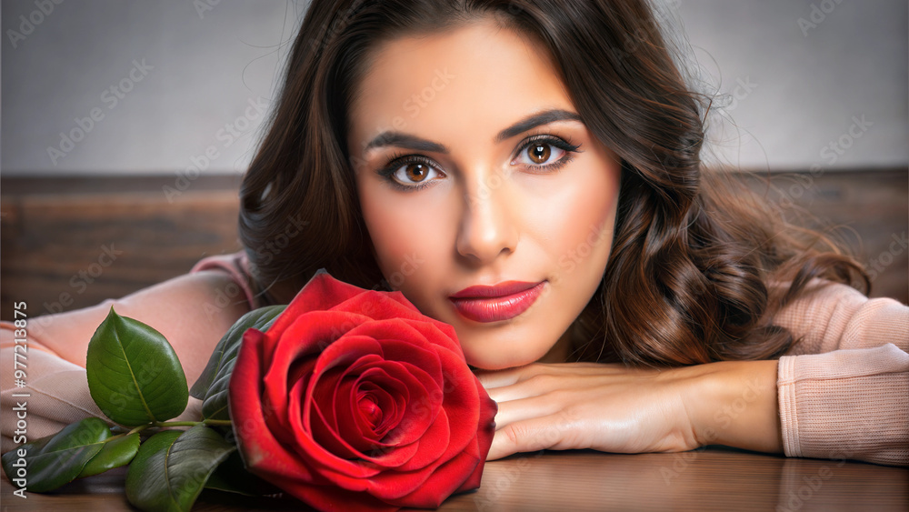Girl with a red rose for romantic portrait or beauty design concept Girl with a red rose for romantic portrait or beauty design concept