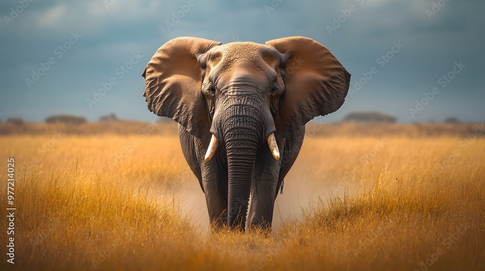 Obraz premium A majestic African elephant is depicted in the savanna landscape, showcasing its wrinkled skin and natural habitat, illuminated by warm tones under dramatic lighting.