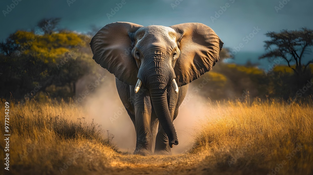 Fototapeta premium A majestic African elephant is depicted in the savanna landscape, showcasing its wrinkled skin and natural habitat, illuminated by warm tones under dramatic lighting.