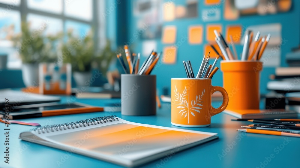 Artistic home office with bold wall art, coffee mug, and creative tools spread across the desk Artistic home office with bold wall art, coffee mug, and creative tools spread across the desk