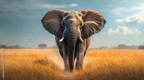 A majestic African elephant is depicted in the savanna landscape, showcasing its wrinkled skin and natural habitat, illuminated by warm tones under dramatic lighting.