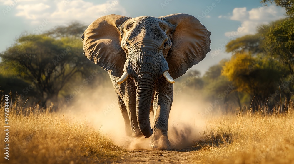 Obraz premium A majestic African elephant is depicted in the savanna landscape, showcasing its wrinkled skin and natural habitat, illuminated by warm tones under dramatic lighting.