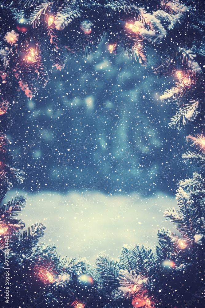 Merry Christmas and Happy New Year holiday poster banner. Xmas border frame. Glittering Christmas ornaments and twinkling lights on a snowy pine tree soft falling snow creating a magical winter scene. Merry Christmas and Happy New Year holiday poster banner. Xmas border frame. Glittering Christmas ornaments and twinkling lights on a snowy pine tree soft falling snow creating a magical winter scene.