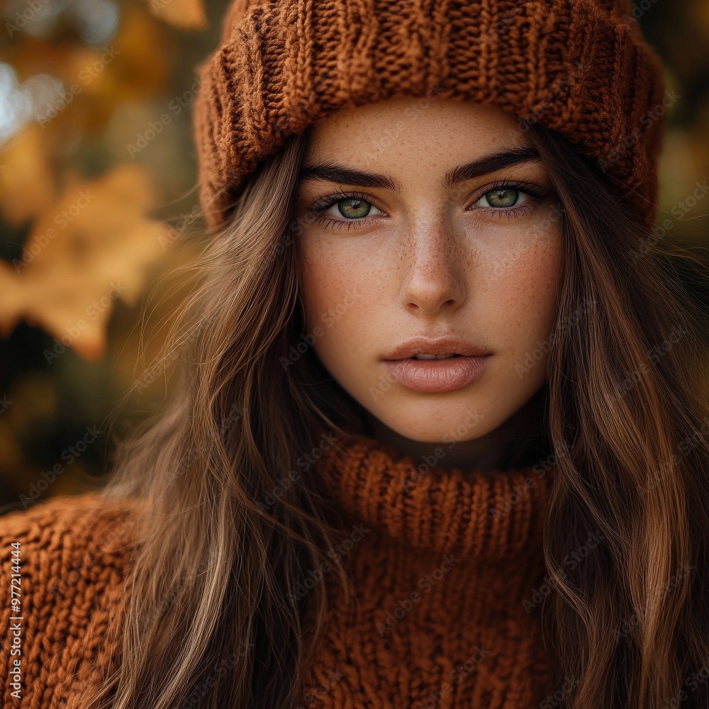 Young Woman in Cozy Knit Hat and Sweater Playfully Enjoying Autumn Outdoors Young Woman in Cozy Knit Hat and Sweater Playfully Enjoying Autumn Outdoors