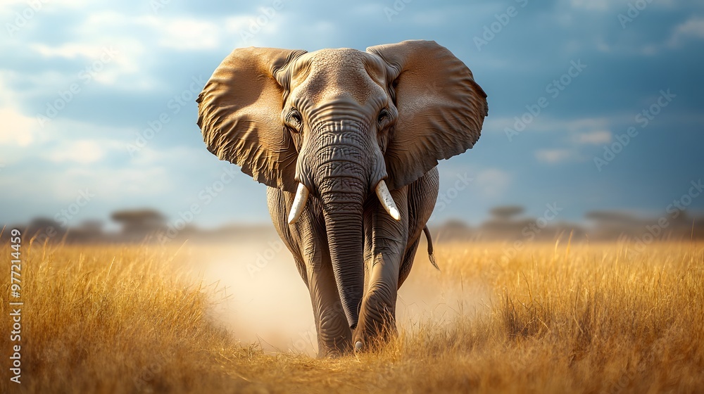 Fototapeta premium A majestic African elephant is depicted in the savanna landscape, showcasing its wrinkled skin and natural habitat, illuminated by warm tones under dramatic lighting.